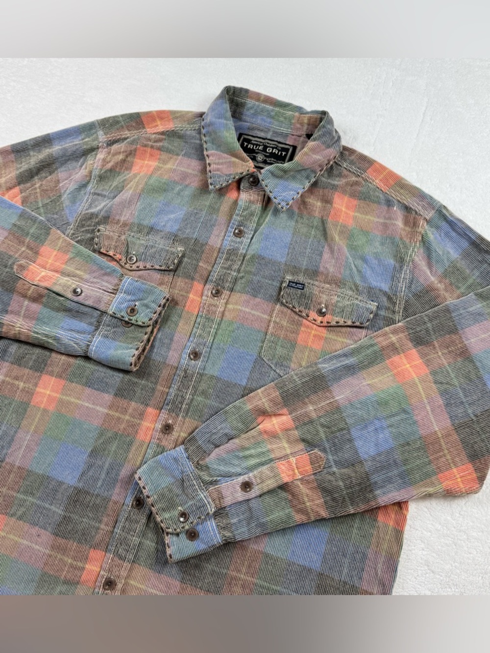 SOLD. True Grit corduroy flannel shirt men’s size L plaid multicolor cotton